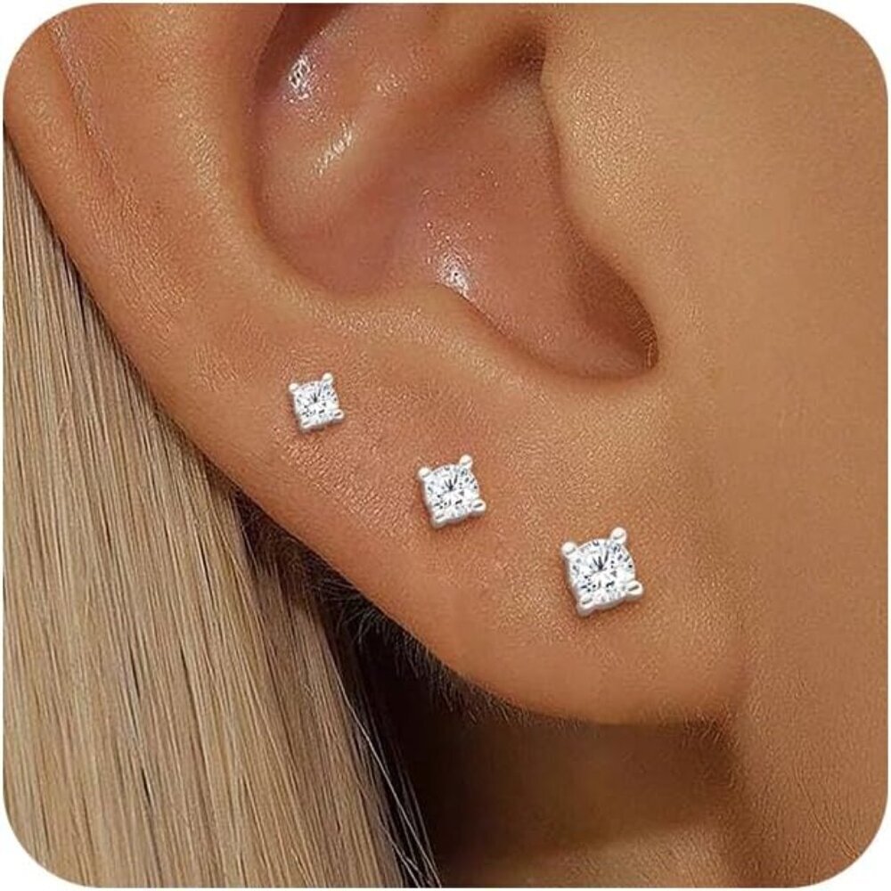 3 Pairs Sterling Silver Gold Plated Stud Earrings for Women Dainty Jewelry